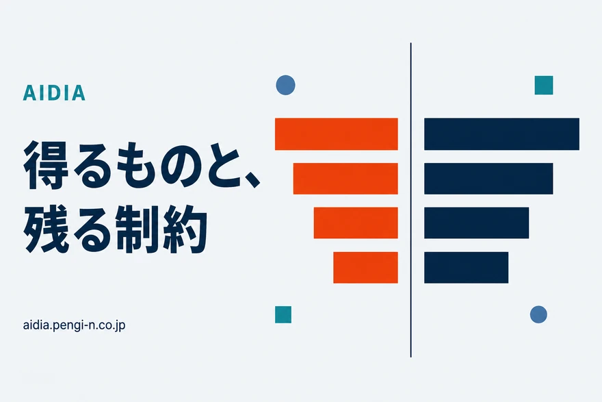 中央の縦線を挟んで左にオレンジの横帯が4本、右にネイビーの横帯が4本、鏡写しに並んだ対比図