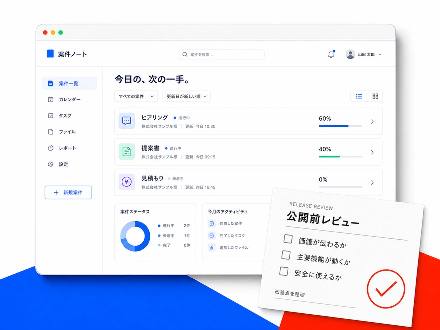左から伸びるネイビーの太い帯が等間隔に並ぶオレンジの縦の壁を4枚通過し、通るたびに細くなっていく図