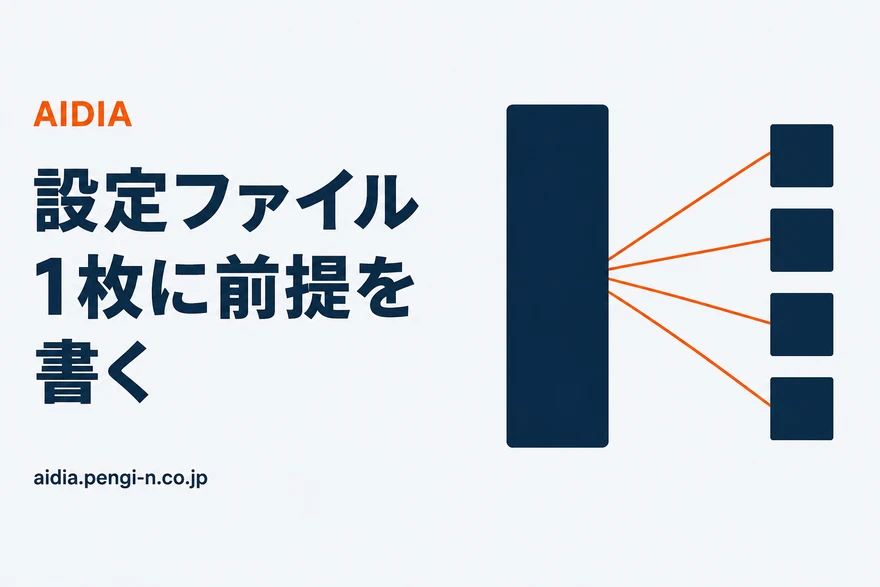 縦長のネイビーのカードから細いオレンジの線が4本扇状に伸び、それぞれの先に小さなネイビーの正方形が縦に並んだ図